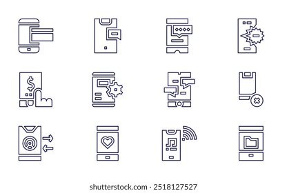 Conjunto de iconos de smartphone. Estilo de línea. Trazo editable. como, teléfono inteligente, teléfono móvil, ubicación, banca móvil, tableta, pago móvil, teléfono celular.