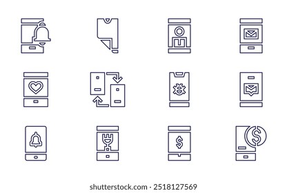Conjunto de ícones do smartphone. Estilo da linha. Acidente vascular cerebral editável. vírus, dados, smartphone, e-mail, celular, banco, aplicativo, mensagem, configurações, localização.