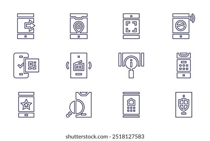 Conjunto de iconos de smartphone. Estilo de línea. Teléfono inteligente, estrella, código QR, radio, Cargar, tienda en línea.