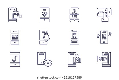 Conjunto de iconos de smartphone. Estilo de línea. Movimiento editable. teléfono inteligente, teléfono, móvil, campana, chat móvil, App móvil.