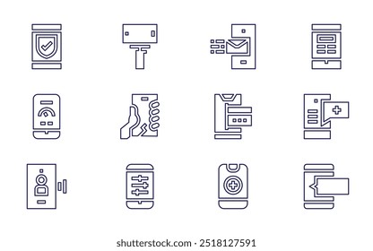 Smartphone icon set. Line style. Editable stroke. smartphone, protect, broken screen, trading, selfie, online shopping, videocall.