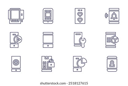 Smartphone-Symbolsatz. Linienstil. Bearbeitbarer Strich. Smartphone, Handy, Fingerabdruck, Zahlungsmethode, Play-Taste, Notruf.