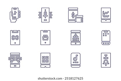 Conjunto de iconos de smartphone. Estilo de línea. Visitante, billetera, audiolibro, teléfono inteligente, App de música, móvil.