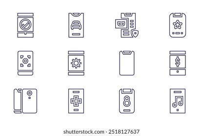 Conjunto de ícones do smartphone. Estilo da linha. Acidente vascular cerebral editável. smartphone, celular, celular, celular, carro.