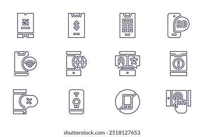 Conjunto de ícones do smartphone. Estilo da linha. AVC editável. smartphone, global, dólar, câmera de telefone, proibido, cartão de embarque, chamada de emergência, previsão do tempo.