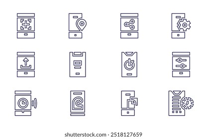 Smartphone icon set. Line style. Editable stroke. smartphone, document, mobile phone, cell phone, settings, no mobile phone, chat, mobile marketing.