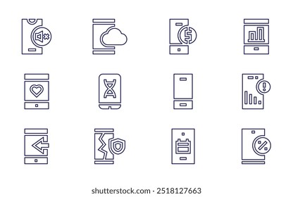 Smartphone icon set. Line style. Editable stroke. smartphone, discount, real estate, user, mobile data, video player, shopping bag, coin, mobile security.