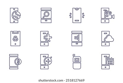 Smartphone icon set. Line style. Editable stroke. smartphone, cellphone, film reel, mobile phone, plane.