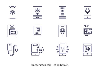 Smartphone icon set. Line style. Editable stroke. smartphone, app, done, marketing, mobile game, gps, mobile phone, device.