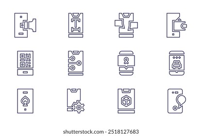 Conjunto de iconos de smartphone. Estilo de línea. Teléfono móvil, App móvil, desarrollo móvil, mensaje, código QR, marketing móvil, teléfono inteligente, teléfono móvil.