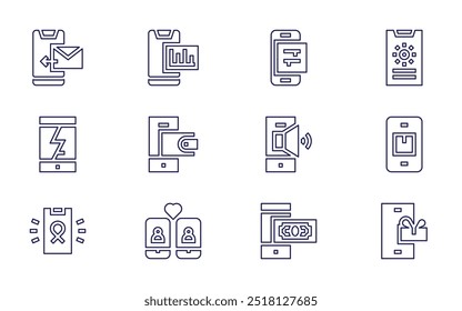 Smartphone-Symbolsatz. Linienstil. Bearbeitbarer Strich. Zahlungsmethode, Smartphone, Versand, Lautsprecher, Telefon.