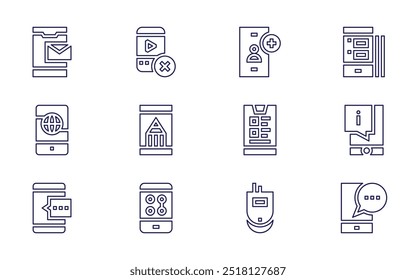 Smartphone-Symbolsatz. Linienstil. Bearbeitbarer Strich. Zahlungsmethode, Freund hinzufügen, Smartphone, Informationen, Handy, Diskette, Handy.