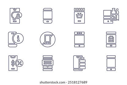 Smartphone icon set. Line style. Editable stroke. online shopping, shopping online, mobile phone, battery, gps, gift, smartphone, app, mobile.