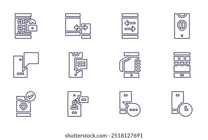 Smartphone icon set. Line style. Editable stroke. password, responsive, smartphone, fingerprint, chat, videocall, mobile phone, phone, alarm.