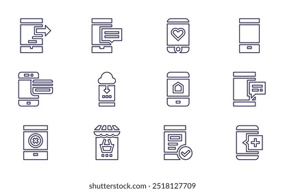 Smartphone icon set. Line style. Editable stroke. mobile store, promotion, mobile, smartphone, conversation, alarm, no phone, help.