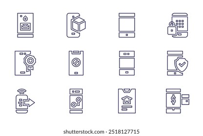 Conjunto de ícones do smartphone. Estilo da linha. Acidente vascular cerebral editável. telefone celular, smartphone, design, leilão, dinheiro, cartão de embarque, bate-papo, senha, chamada de vídeo, rolagem.