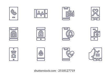 Conjunto de ícones do smartphone. Estilo da linha. Acidente vascular cerebral editável. telefone celular, mensagem, smartphone, transmissão, bate-papo, relatório.
