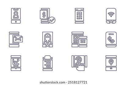 Smartphone-Symbolsatz. Linienstil. Bearbeitbarer Strich. mobile Bezahlung, Smartphone, Zahlungsmethode, Telefon, Videoanruf, Mobiltelefon.