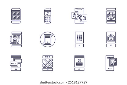 Smartphone icon set. Line style. Editable stroke. mobile app, smartphone, wifi, qr code, profile, clock, phone.