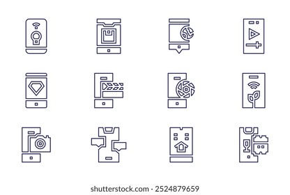 Conjunto de ícones do smartphone. Estilo da linha. AVC editável. aplicativos, correio, dna, telefone celular, mensagem de texto, perfil, smartphone, câmera, clapperboard.