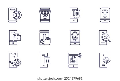 Smartphone icon set. Line style. Editable stroke. buy, shield, smartphone, weather app, mobile, transport.