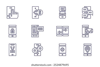 Smartphone icon set. Line style. Editable stroke. app, smartphone, phone, alarm, transfer, padlock, notification, flexible, mobile phone.