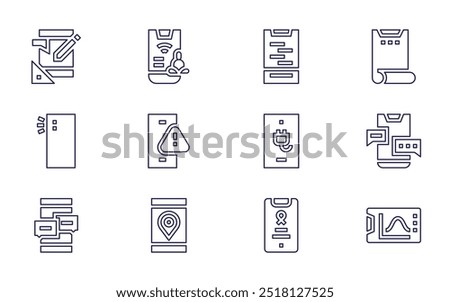 Smartphone icon set. Line style. Editable stroke. charging, chating, password, secure, payment method, smartphone, flexible screen, mobile phone, graph, mobile app.