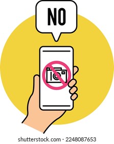 Smartphone icon set. Manners at public facilities. No photography allowed. No calls. Precautions in museums and galleries.