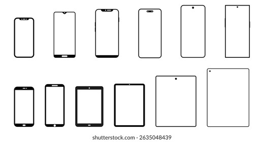 Smartphone icon set mobile phone tab black white silhouette mockup cellular cellphone tablet retro and modern style vector icons touch screen technology communication wireless tech