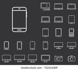 Smartphone icon in set on the black background. 
Set of thin, linear and modern electronic equipment icons.
Universal linear icons to use in web and mobile app.