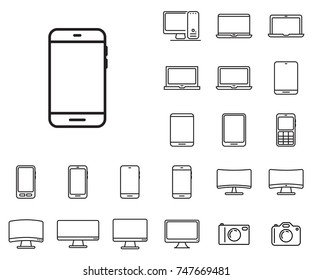 Smartphone icon in set on the white background. 
Set of thin, linear and modern electronic equipment icons.
Universal linear icons to use in web and mobile app.