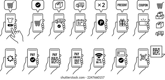 Smartphone icon set. online shopping. Payment by electronic money. Electronic payment. From shopping to delivery.