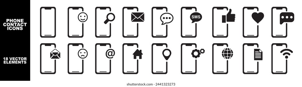 smartphone icon set with reaction, message sign, like. Chat bubble icon. Telephone call sign. Contact us symbol. Cell phone pictogram isolated on white background.