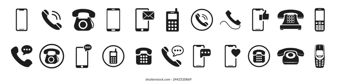 smartphone icon set with reaction, message sign, like. Chat bubble icon. Telephone call sign. Contact us symbol. Cell phone pictogram isolated on white background.