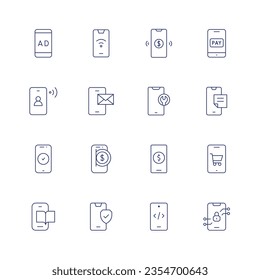 Juego de iconos de Smartphone. Icono de línea delgada. Trazo editable. Conteniendo publicidad, wifi, pago en línea, pago, smartphone, sms, servicio móvil, notas, banca móvil, teléfono móvil, lectura, seguridad.