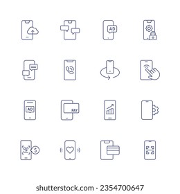 Juego de iconos de Smartphone. Icono de línea delgada. Trazo editable. Conteniendo subidas, chat, marketing online, mantenimiento web, smartphone, llamada telefónica, rotación móvil, publicidad, pago sin efectivo, móvil.
