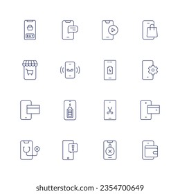 Juego de iconos de Smartphone. Icono de línea delgada. Trazo editable. Conteniendo compras en línea, chat, reproductor de video, tienda en línea, tienda móvil, llamada telefónica, smartphone, configuración móvil, pago móvil, nivel de batería.