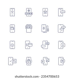 Juego de iconos de Smartphone. Icono de línea delgada. Trazo editable. Conteniendo seguimiento, contraseña, banca en línea, chat, smartphone, noticias, teléfono móvil, llamada telefónica, casa inteligente, pago móvil, mensaje, cámara.