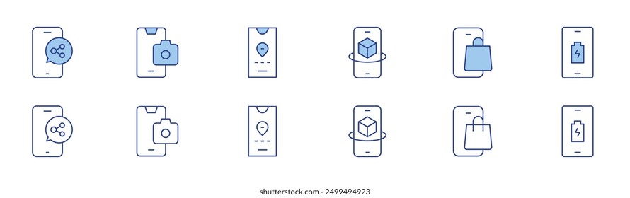 Smartphone icon set in two styles, Duotone and Thin Line style. Editable stroke. smartphone, online shop, phone, camera, tracking.