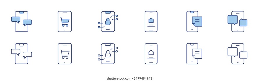 Smartphone-Symbol in zwei Stilen, Duotone und Thin Line Stil. Bearbeitbarer Strich. Smart Home, Notizen, Telefon, Chat, Handy, Schloss.