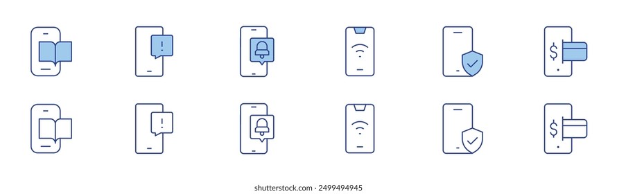 Smartphone icon set in two styles, Duotone and Thin Line style. Editable stroke. read, phone, wifi, notification, mobile, mobile payment.