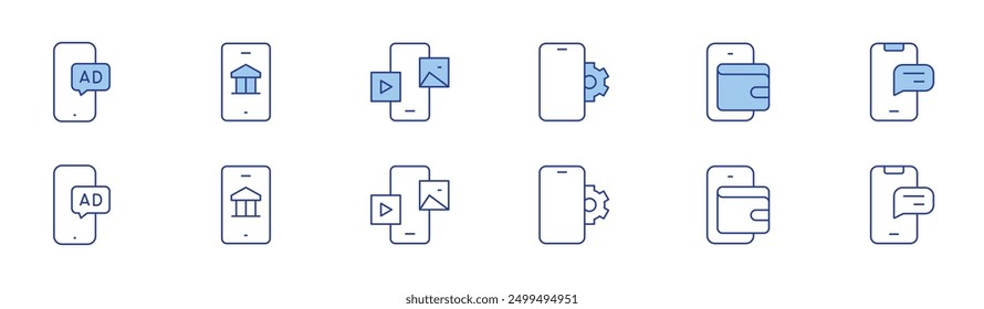 Conjunto de iconos de smartphone en dos estilos, Duotone y estilo de línea fina. Accidente cerebrovascular editable. marketing en línea, smartphone, billetera digital, banca en línea, marketing de contenidos, chat.