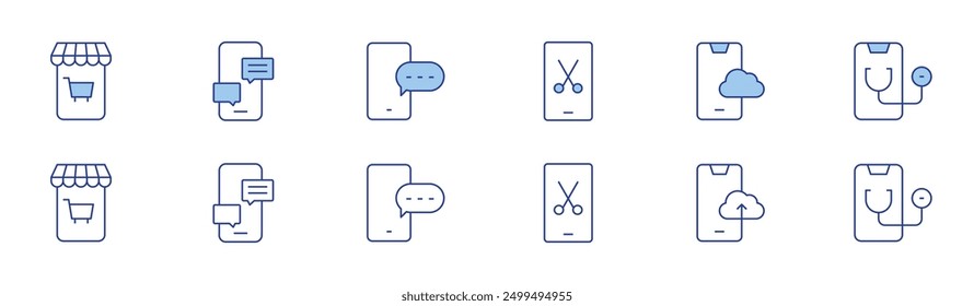 Smartphone icon set in two styles, Duotone and Thin Line style. Editable stroke. mobile store, smartphone, uploading, doctor, chat.