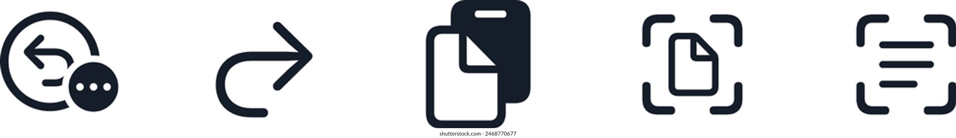 Conjunto de iconos de smartphone de Deshacer, rehacer, Portapapeles, copiar, pegar, cortar, escanear, leer. Conjunto de iconos de Vector negro de Enlace externo de Compartir. Símbolos aislados sobre fondo blanco UI UX Plantilla atajo de teclado