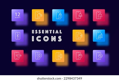 Juego de iconos de Smartphone. Diversos iconos y funciones de aplicación incluyendo llamadas, mensajería, cámara, correo electrónico, música, juegos, social. Concepto de medios. Estilo de glasmorfismo. Icono de línea de vector para negocios y publicidad
