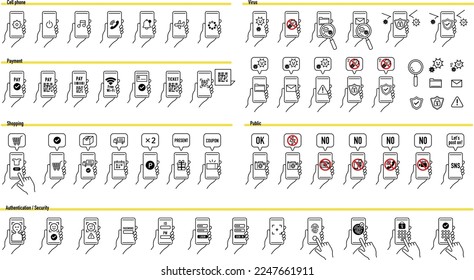 Smartphone icon set. Virus and hacking countermeasures. Electronic payment. Payment by electronic money. No photography allowed. Precautions in public facilities. Online shopping screen. email icon.