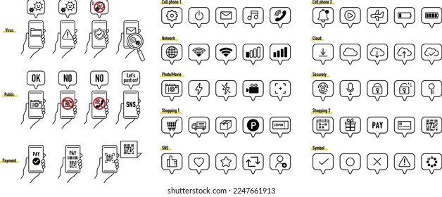 Smartphone icon set. Virus and hacking countermeasures. Electronic payment. Payment by electronic money. No photography allowed. Precautions in public facilities. Online shopping screen. email icon.