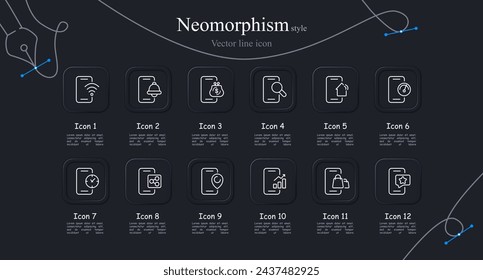 Smartphone icon set. Wi-Fi connection, favorites, wallet, call, growth chart. Neomorphism style. Vector line icon for business and advertising