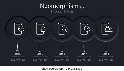Smartphone icon set. Wi-Fi connection, Internet speed, magnifying glass, clock, online shopping. Neomorphism style. Vector line icon for business and advertising