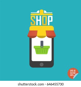 Smartphone icon with Shop logo and awning. Illustration for website or mobile application